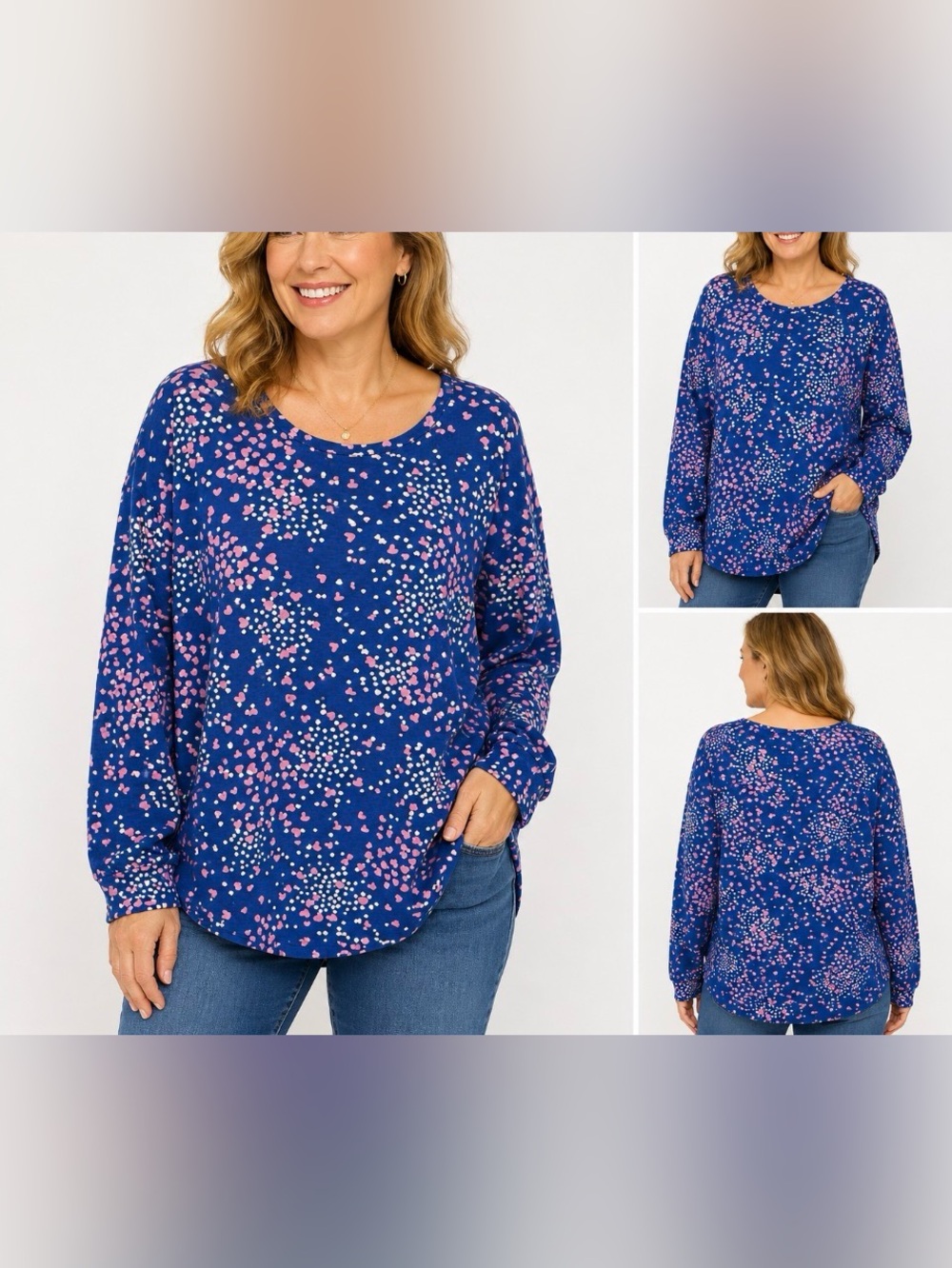 Crown & Ivy top Size XL Blue Pink Hearts Lightweight Sweatshirt Oversized